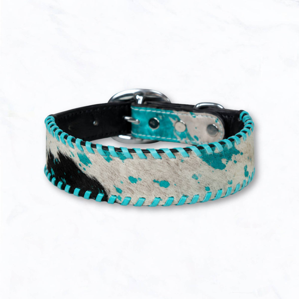 Western Turquoise Genuine Leather Hair-On Cowhide Dog Collar