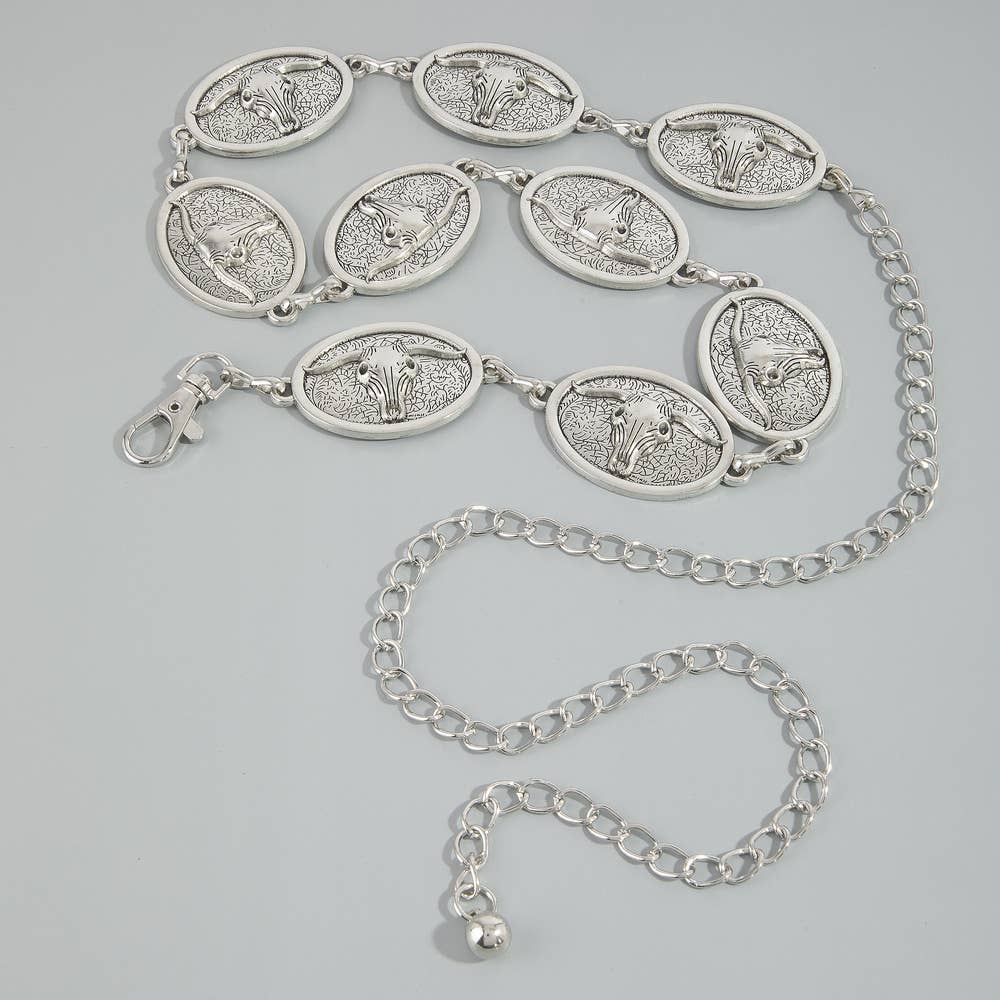 Western Longhorn Bull Skull Concho Chain Belt