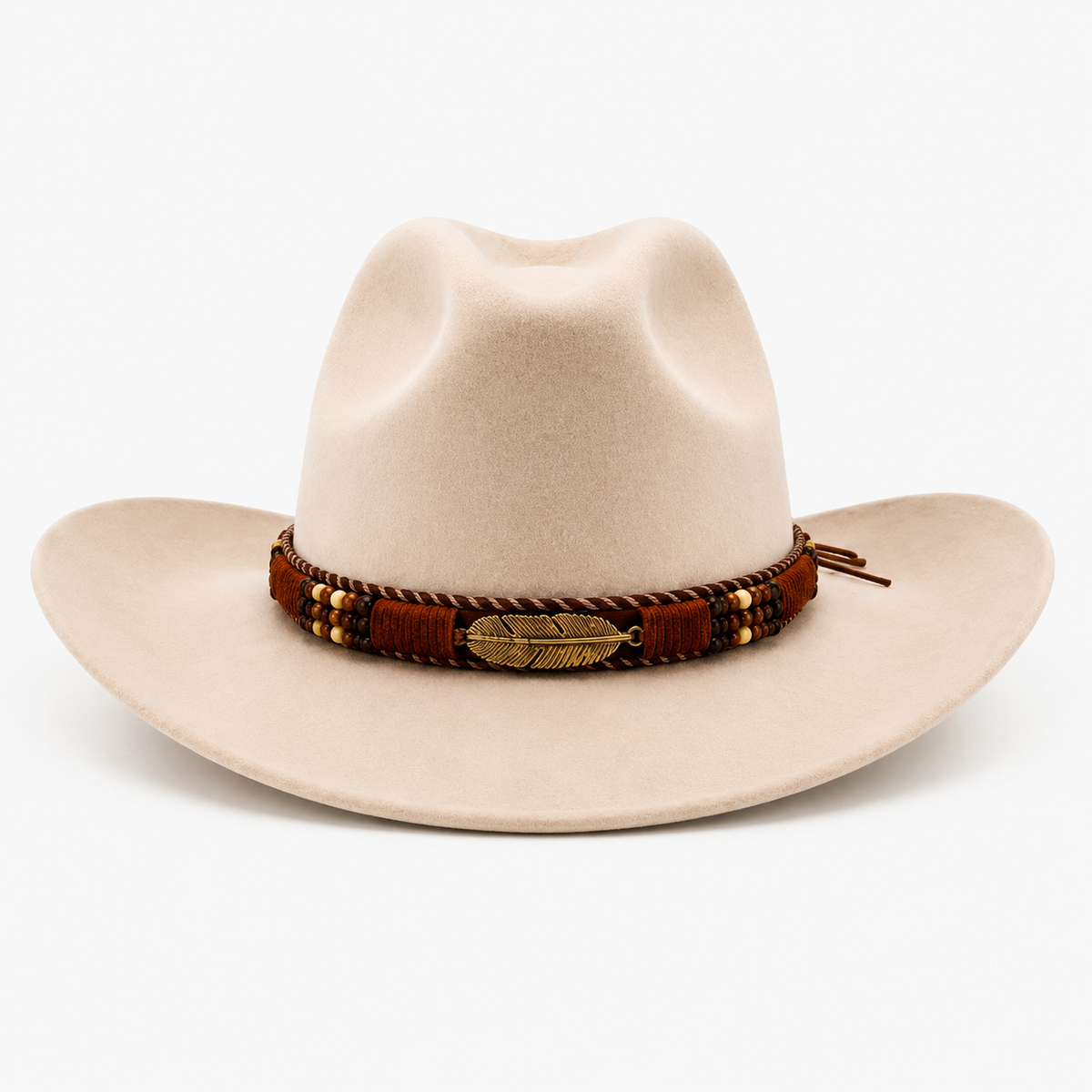 Boho Feather Beaded Tie-On Hat Band – Brown Multi