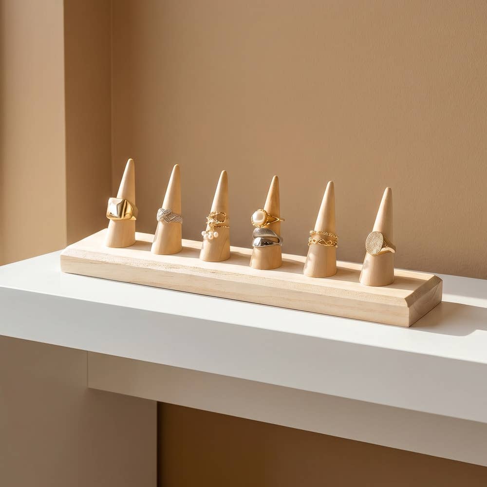 Natural Wood Six Finger Ring Cone Display Stand