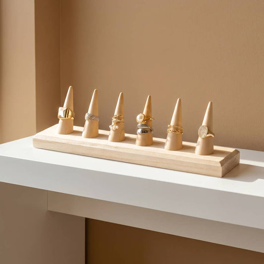 Natural Wood Six Finger Ring Cone Display Stand