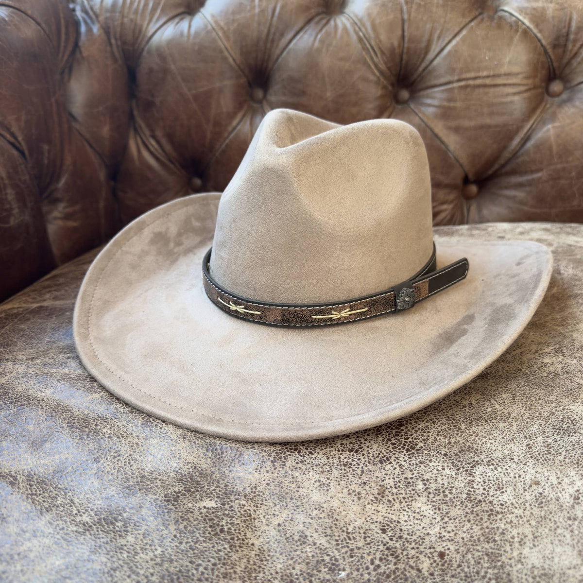 Handmade Hat Band Vintage Brown Leather with Stitch Detail