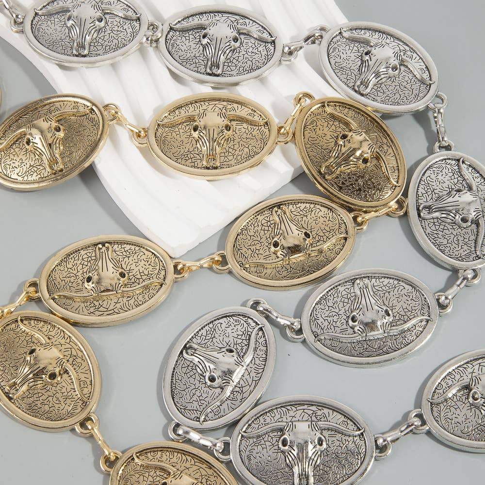 Western Longhorn Bull Skull Concho Chain Belt