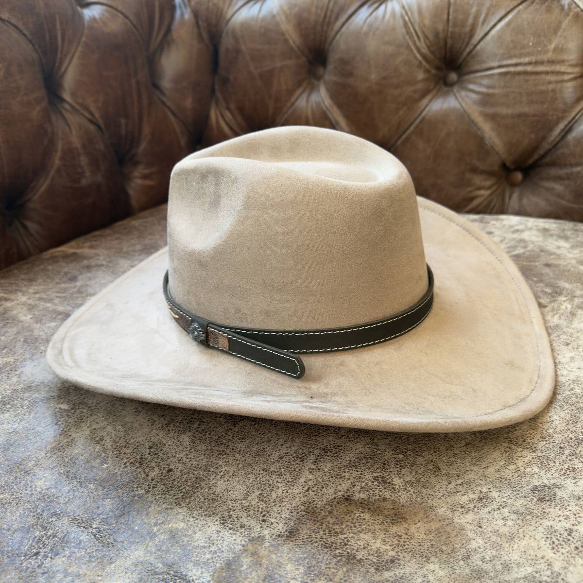 Handmade Hat Band Vintage Brown Leather with Stitch Detail