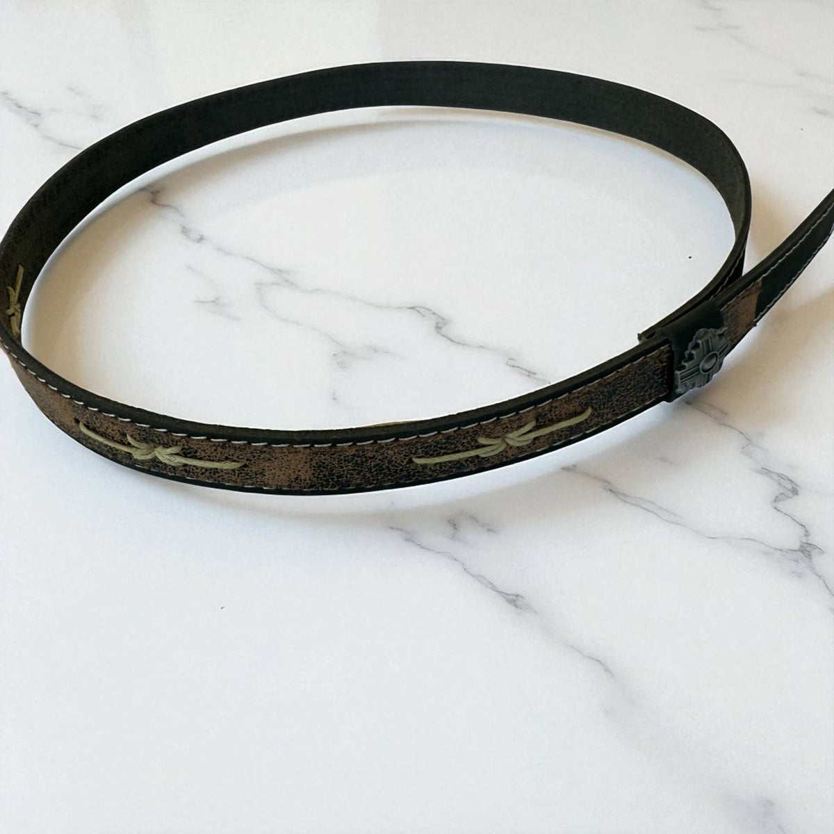 Handmade Hat Band Vintage Brown Leather with Stitch Detail