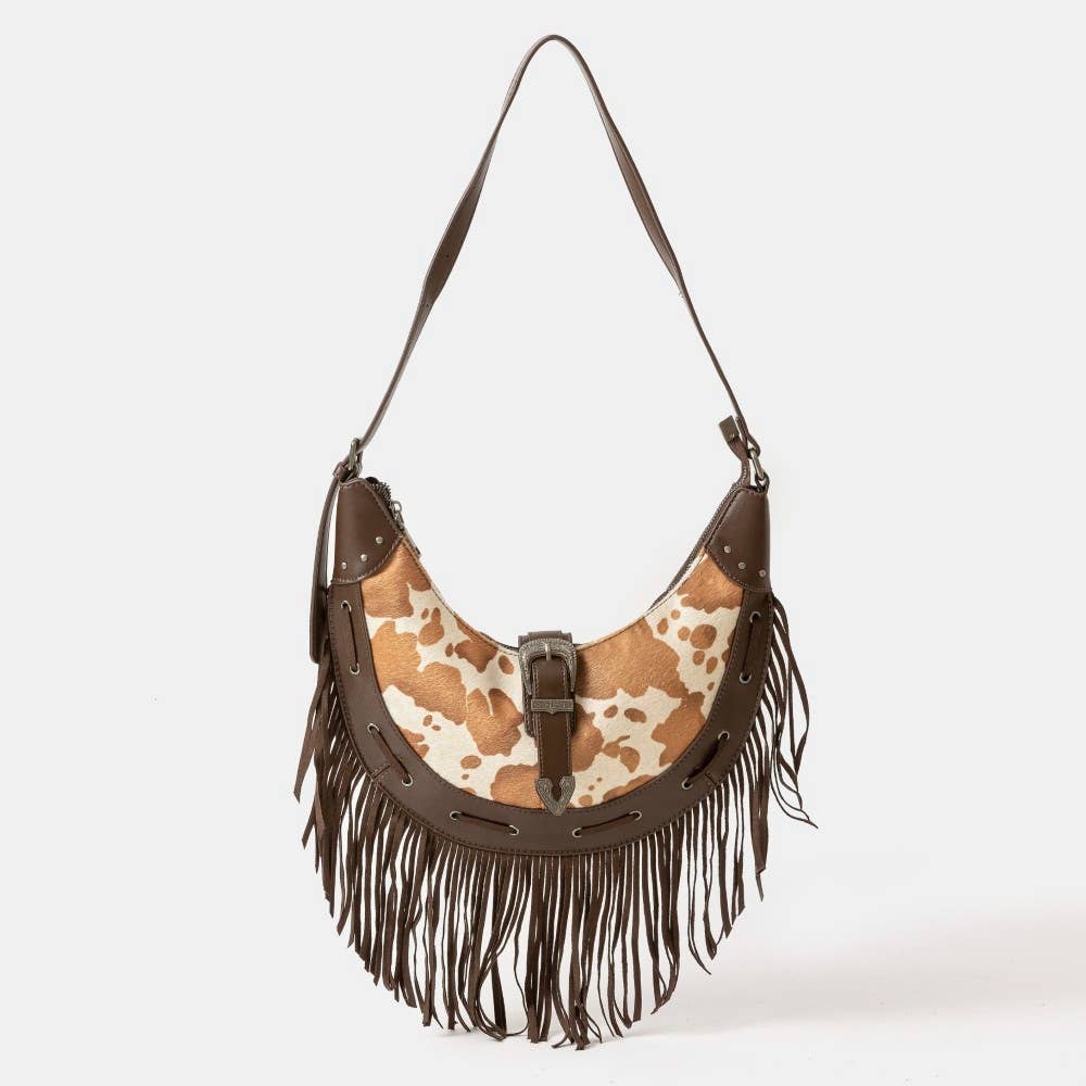 Cow Print Leather Fringe Hobo Bag