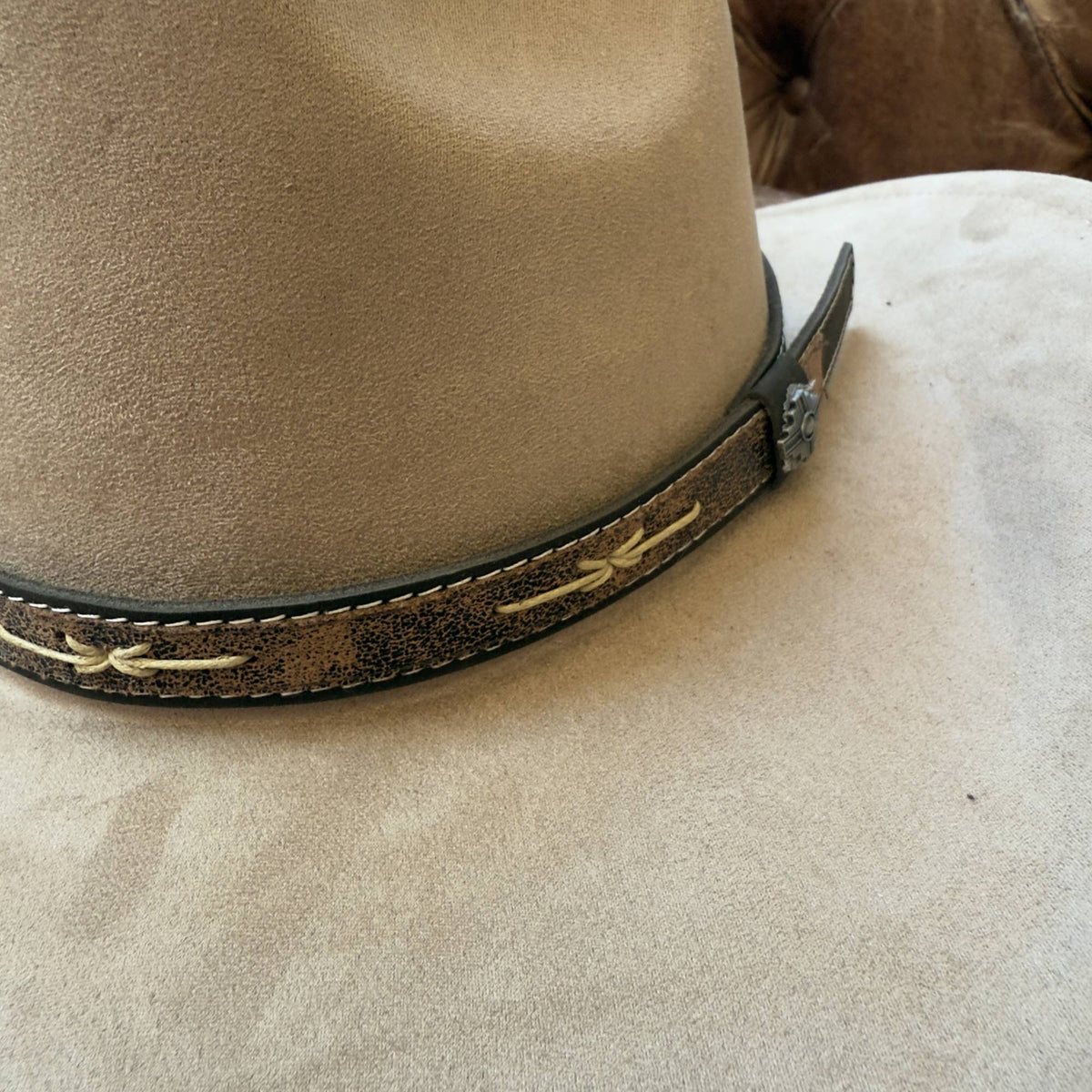 Handmade Hat Band Vintage Brown Leather with Stitch Detail