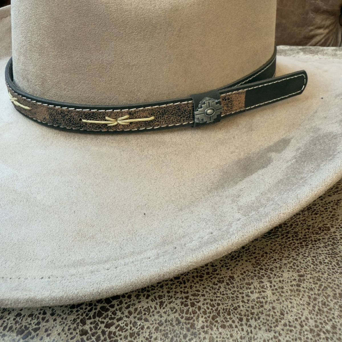 Handmade Hat Band Vintage Brown Leather with Stitch Detail