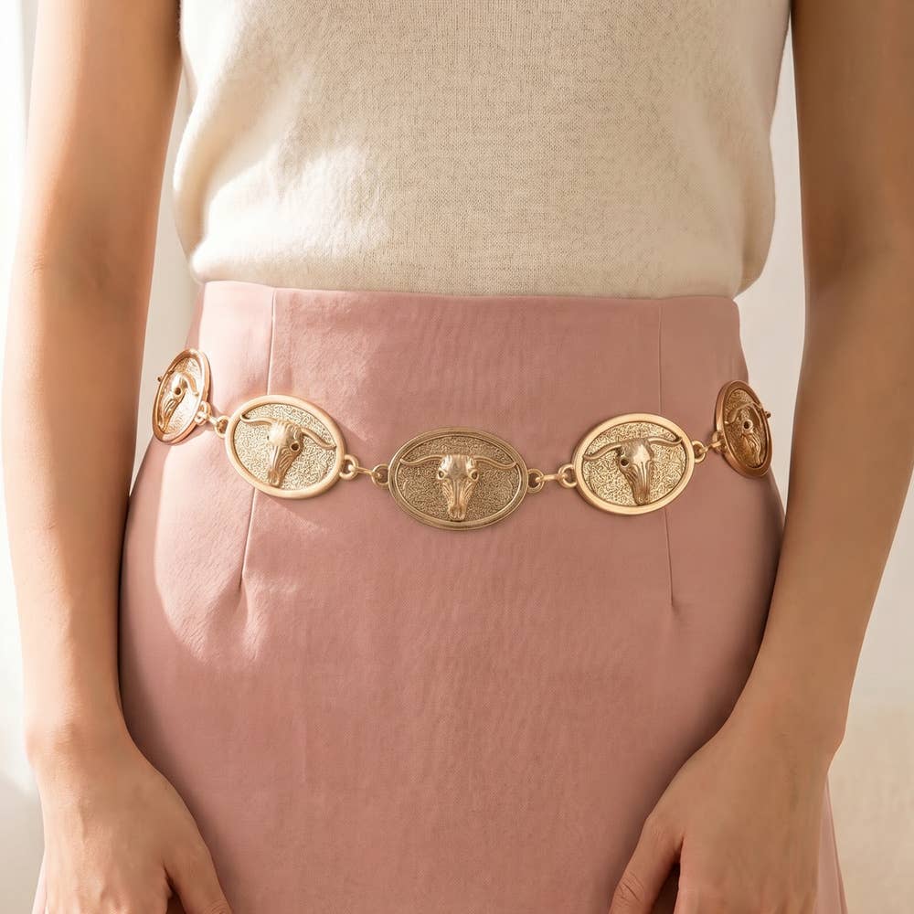 Western Longhorn Bull Skull Concho Chain Belt