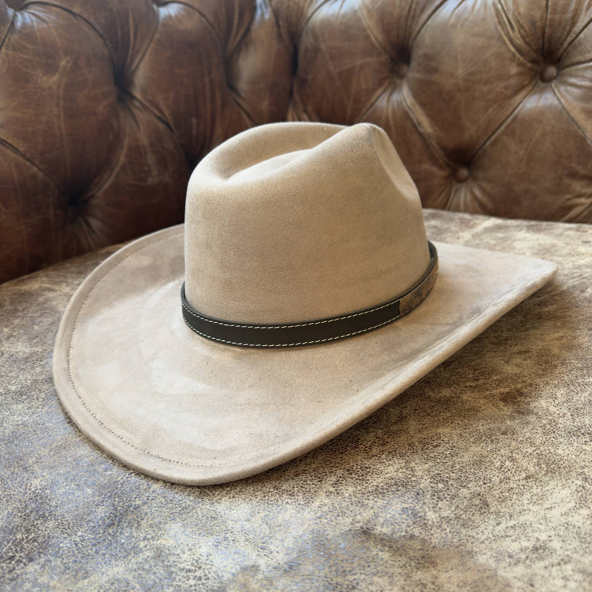 Handmade Hat Band Vintage Brown Leather with Stitch Detail