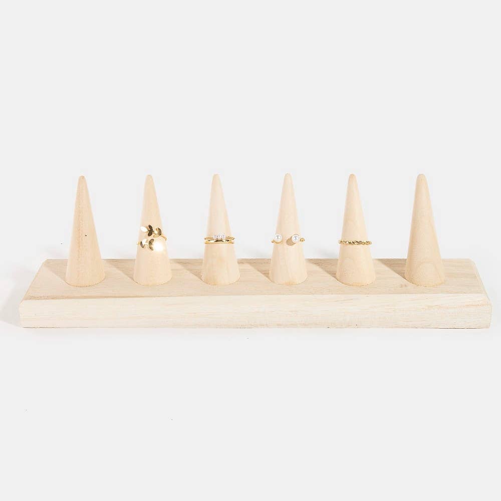 Natural Wood Six Finger Ring Cone Display Stand