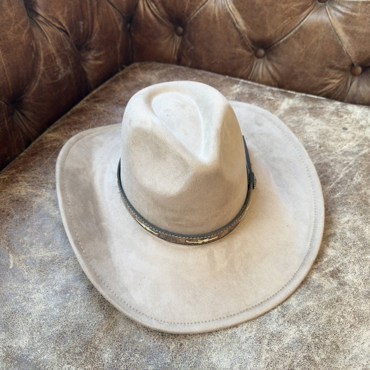 Handmade Hat Band Vintage Brown Leather with Stitch Detail