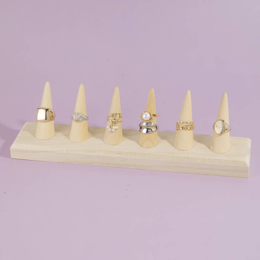 Natural Wood Six Finger Ring Cone Display Stand