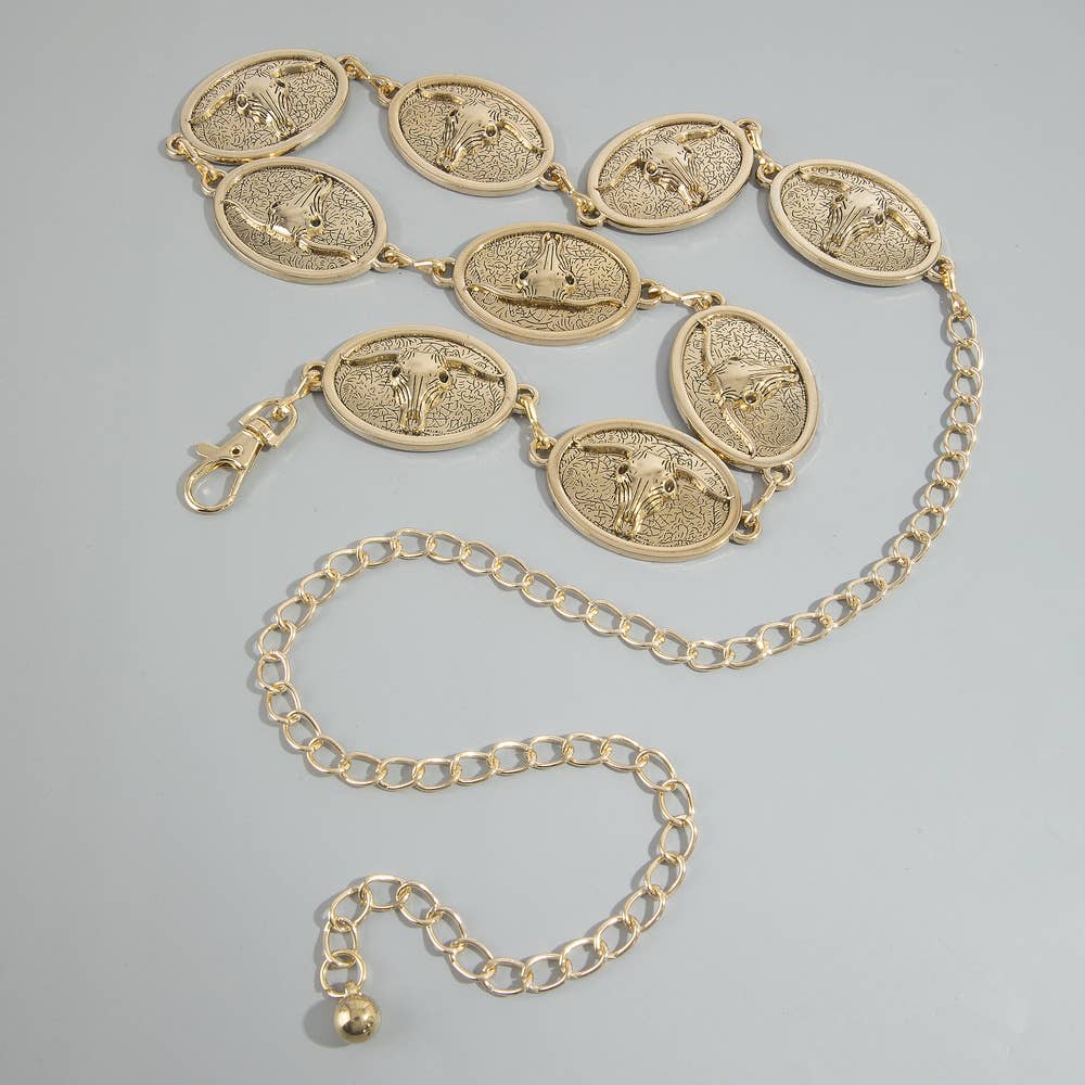 Western Longhorn Bull Skull Concho Chain Belt