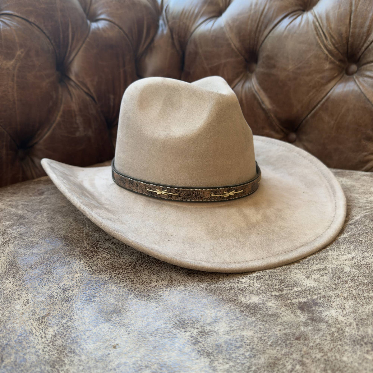 Handmade Hat Band Vintage Brown Leather with Stitch Detail